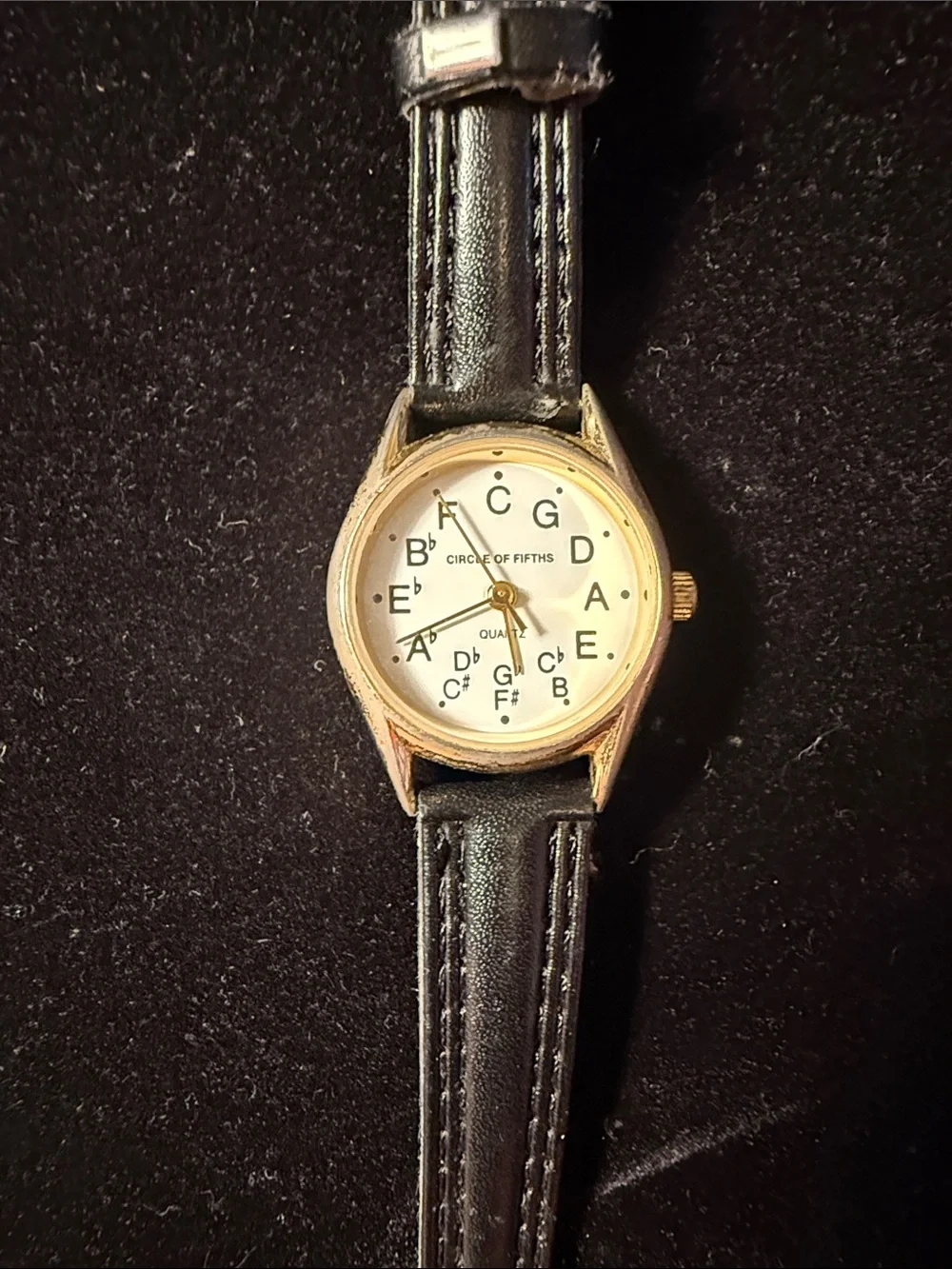 Circle of Fifths Gold-Tone Watch with Black Leather Strap Size 6.5”
